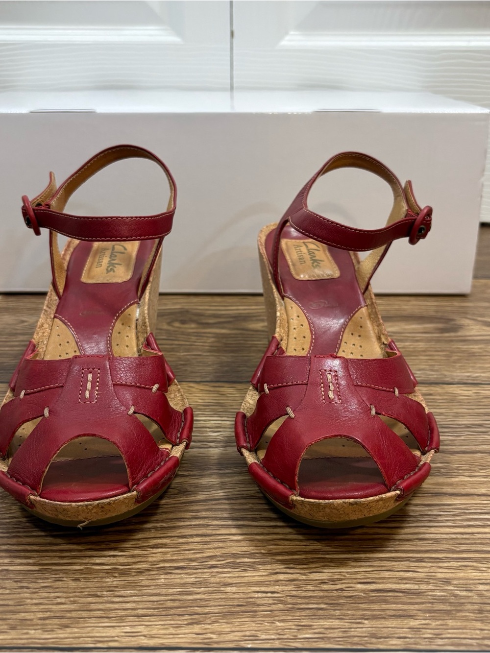 Clarks Artisan Red Leather Cork Wedge Slingback Sandals Buckle 6M